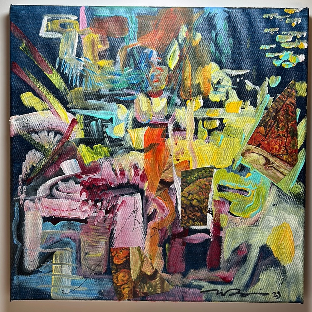 1’x1’ original mixed media oil painting collage ooak artwork signed on canvas